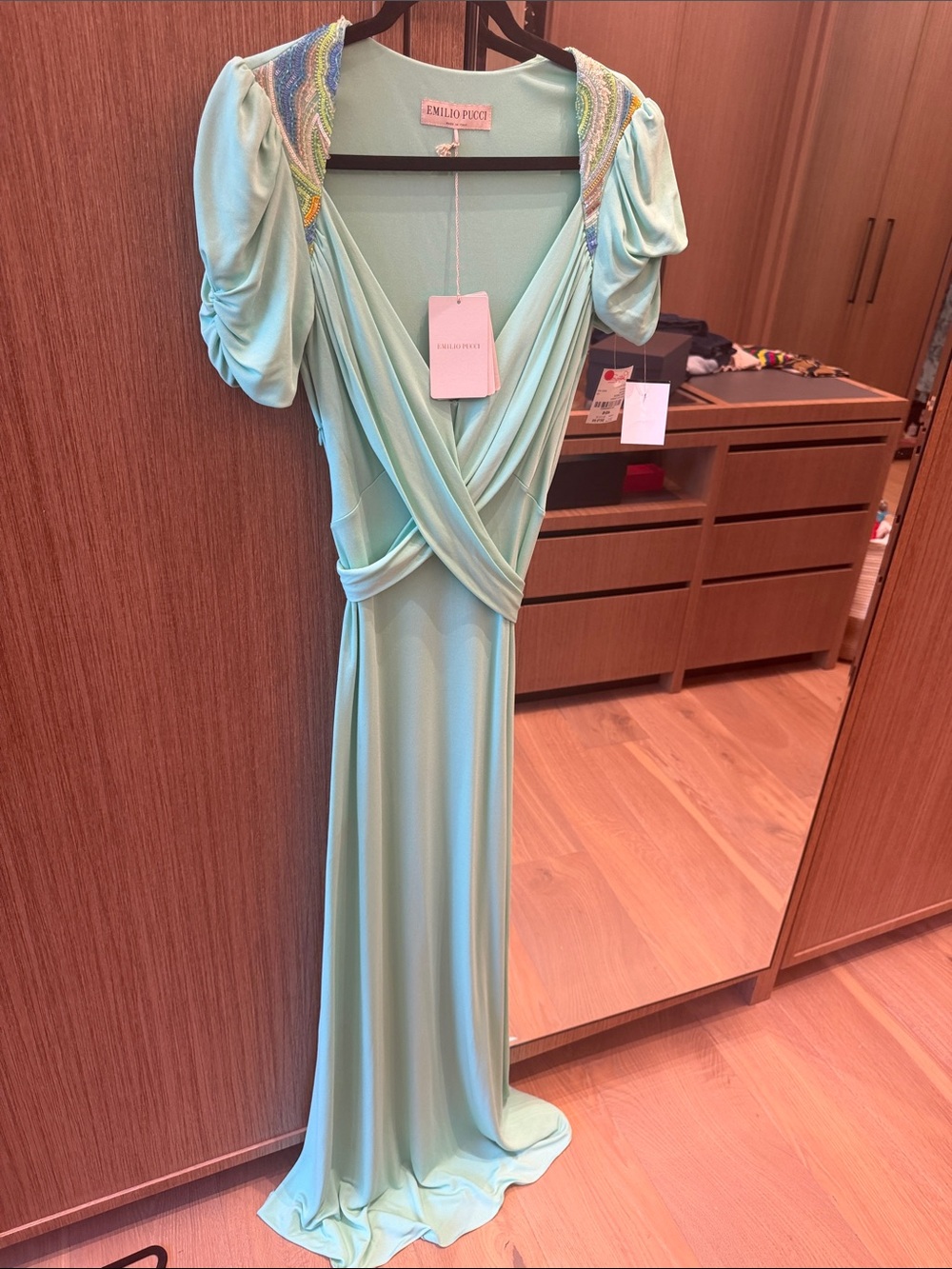 Emilio Pucci Mint Green Beaded-Shoulder Draped Maxi Dress